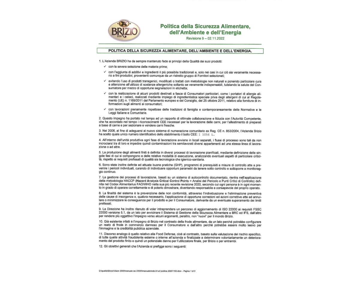 Salumificio Brizio | Politica della Sicurezza Alimentare, dell'Ambiente e dell'Energia