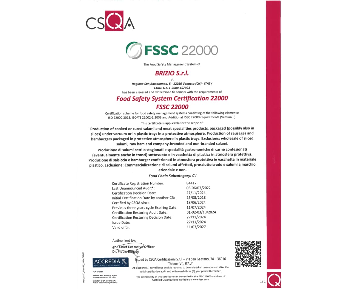 Salumificio Brizio | Certificazione FSSC 22000