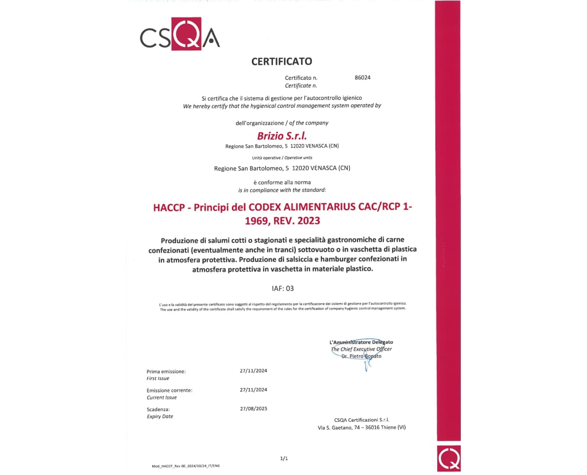 Salumificio Brizio | Certificazione HACCP - Qualità