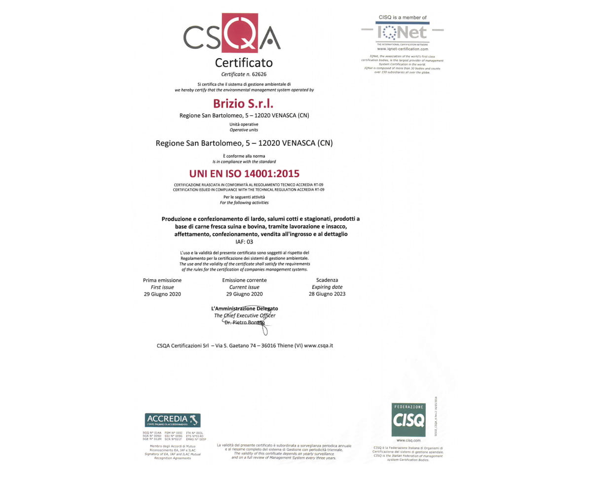 Salumificio Brizio | CertificazioneISO 14001